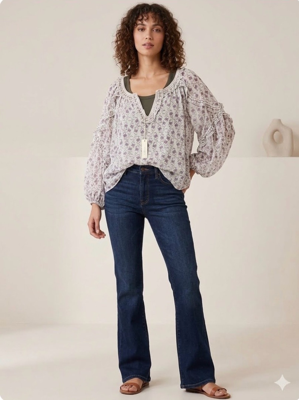 Max Studio Boho Peasant Blouse with Lavender Print